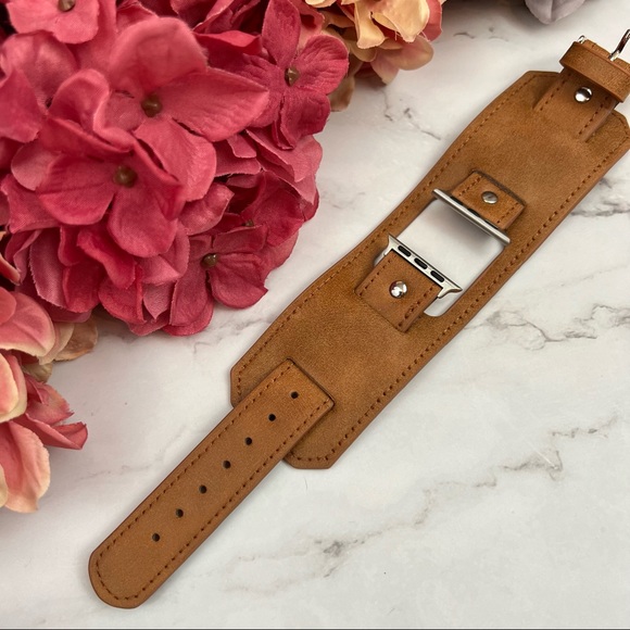 Caramel Brown Double Cuff Leather Watchband for Apple iWatch - Picture 8 of 15